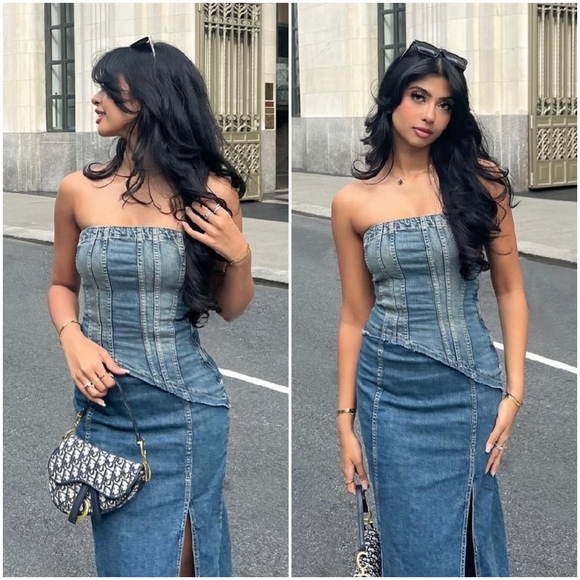 Zara  denim * strapless midi dress slit size XS - Picture 3 of 12